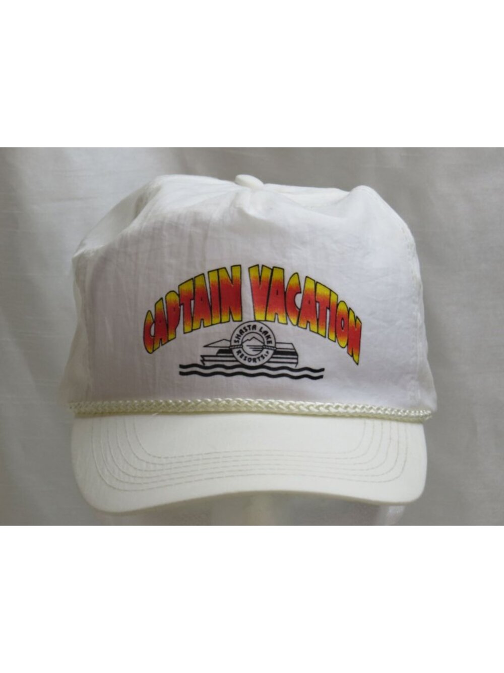 Vtg 90s Captain Vacation Shasta Lake Rope Hat Nylon Strapback Resort Travel Cap